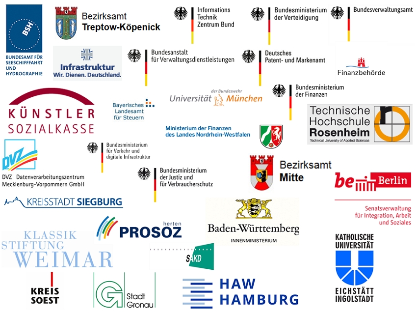 Logos der Mitglieder des Expertennetz Prozessmanagement. Die Mitglieder sind: Bundesamt für Seeschifffahrt und Hydrographie, Bezirksamt Treptow-Köpenick, Informationstechnik Zentrum Bund, Bundesministerium der Verteidigung, Bundesverwaltungsamt, Bundeswehr Infrastruktur, Bundesanstalt der Verwaltungsdienstleistungen, Deutsches Patent- und Markenamt, Finanzbehörde, Künstlersozialkasse, Bayerisches Landesamt für Steuern, Universität der Bundeswehr München, Bundesministerium der Finanzen, Ministerium der Finanzen des Landes Nordrhein-Westfalen, Technische Hochschule Rosenheim, DVZ Datenverarbeitungszentrum Mecklenburg-Vorpommern GmbH, Bundesministerium für Verkehr und digitale Infrastruktur, Bundesministerium der Justiz und für Verbraucherschutz, Bezirksamt Mitte (Berlin), Senatsverwaltung für Integration, Arbeit und Soziales (Berlin), Klassikstiftung Weimar, Herten Prosoz, Innenministerium Baden-Würtemberg, SAKD - Sächsische Anstalt für kommunale Datenverarbeitung, Kreis Soest, Stadt Gronau, HAW Hamburg, Katholische Universität Eichstätt Ingolstadt 